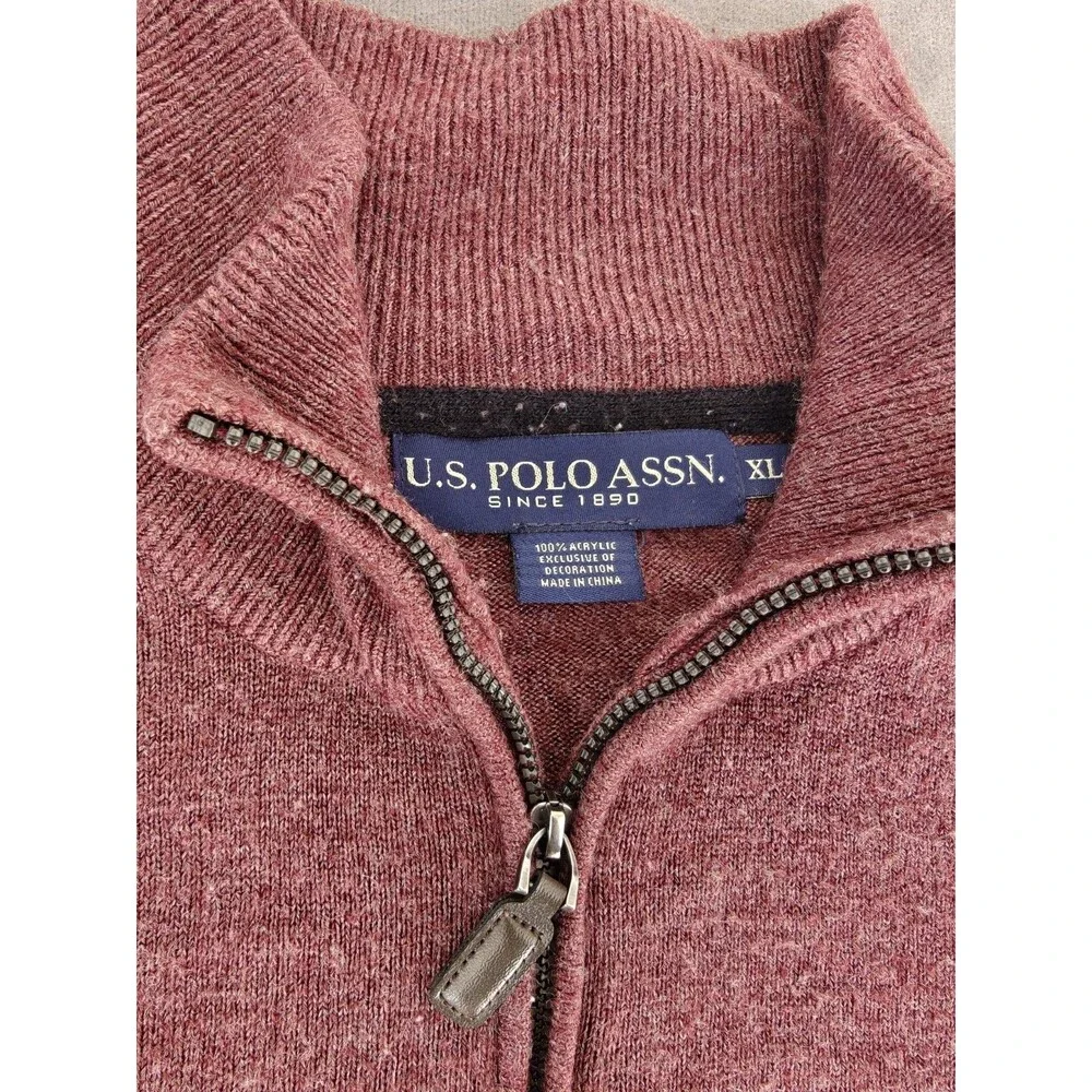 U.S. Polo Assn. Mens Quarter Zip Sweater XL Burgundy Knit Pullover Mock Neck